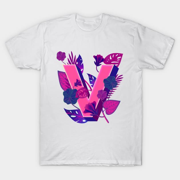 Floral Pink Letter V Typographic Art T-Shirt by New East 